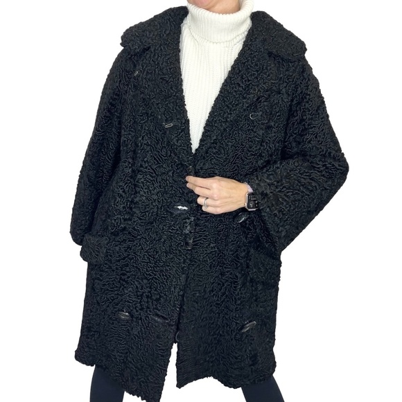 Vintage 50s Laflamme Fourrure black persian lamb flare sleeve coat flawed - Picture 1 of 15